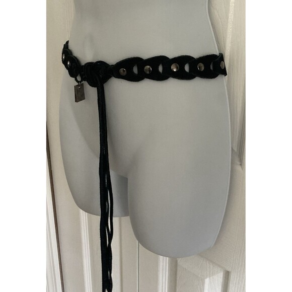 Y2K MUDD Suede Leather Fringe Boho Belt OS Black Links Snap LogoFestival Hippie - Picture 1 of 8
